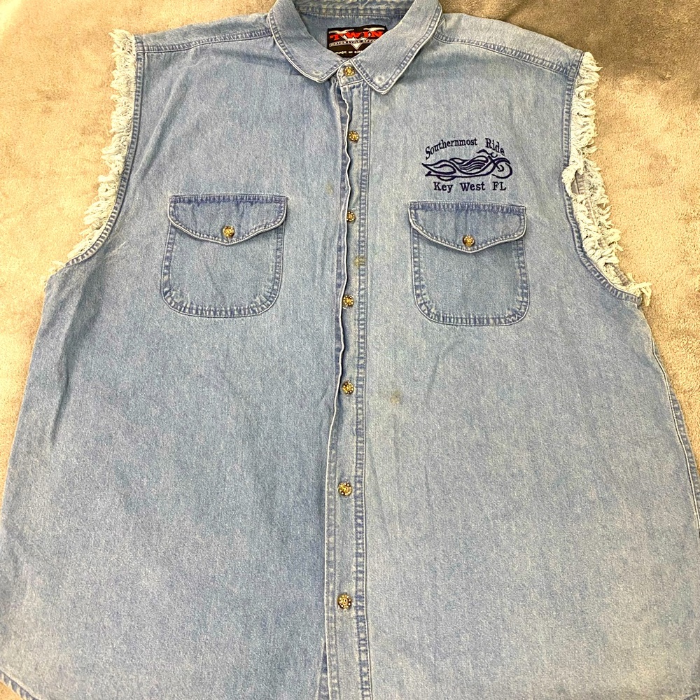 V Twin Womens 2X If You Can Read This Motorcycle Cut Off Denim Shirt - VTG -